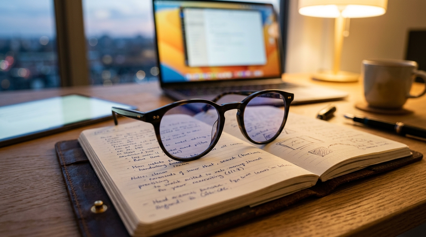 bluelight glasses a pair of premium, modern unisex reading glasses with clear lenses, resting on a clean open notebook.